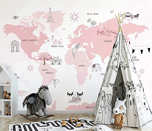 Pink Kids Wallpaper Kids World Map Wall Mural Nursery Map Wall Decor Girls Boys Bedroom Wall Art Kindergarten Wall Paint Art Baby Room Grey Background Custom Color -M0228D - Image 2