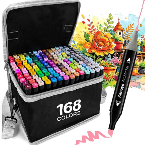 Alcohol Markers Set Alcohol Pens - 168 Colour Dual Tip Marker Set Art Dual Tip Pen Permanent Markers for Drawing Sketching Colouring Graffiti Anime Manga Design with Carrying Case for Adults Kids