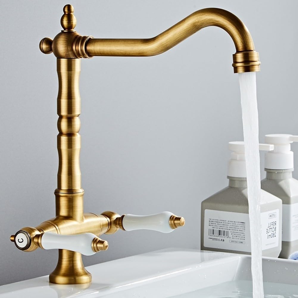 Rubinetto miscelatore per lavabo in ottone anticato con doppio volantino