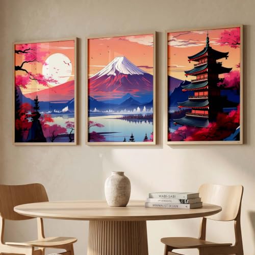 Image of kotart Big Aesthetic Mount Fuji Wall Art Paintings | Mountain Landscape Framed Painting | Nature Art Vastu Frames for Living Room Bedroom Wall Decor Set Of 3 (14x20 Inch)
