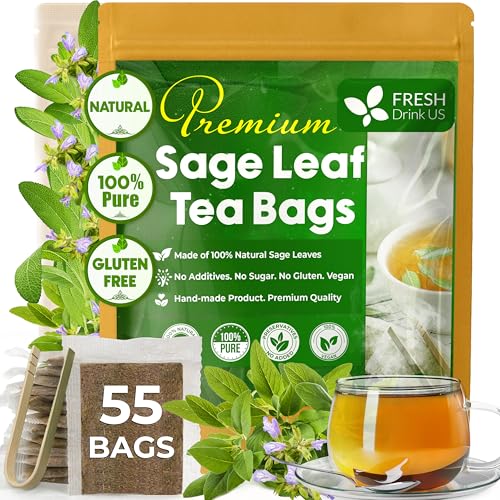Image of FreshDrinkUS, Premium 55 Sage Leaf Tea Bags, 100% Natural & Pure from Sage Leaves. Loose Leaf Herbal Tea. Made with Natural Material Tea Bags. No Sugar, No Caffeine, No Gluten, Vegan.