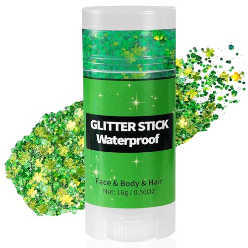 Mysense Shamrock Glitter Stick for Face Hair Body St Patricks Day Accessories Irish Festival Four Leaf Clover Green Glitter Makeup for Saint Patricks Day Outfit Women Girls Kids
