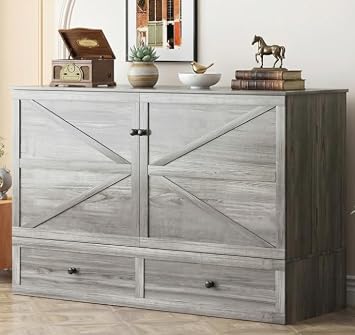 PUREMIND Full Murphy Bed Cabinet with Mattress Included, Bedroom Cabinet Beds with USB Charging Station, Murphy Chest Bed with Storage Drawers, Horizontal Wallbed for Guest Room Grey