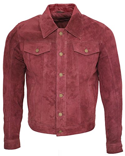 Men's Trucker Casual Burgundy Goat Suede Leather Shirt Jeans Jacke