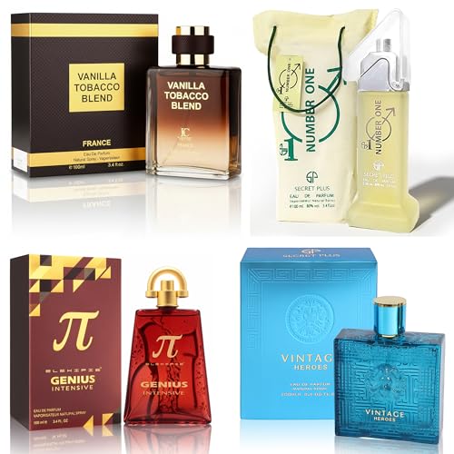 Mens Cologne Set, EDP, 4 Pack (3.4 oz / 100 mL), Vintage Heros, Genius Intensive, VTB, Number One, Oud &amp; Vanilla Amber, for clean workdays and polished evenings