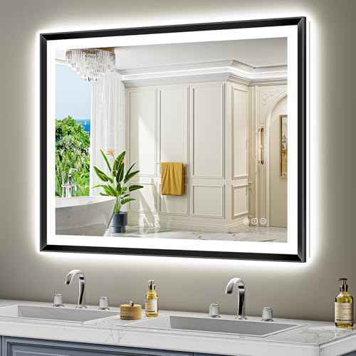 Image of 48x36 LED Bathroom Mirror with Lights, Black Lighted Mirror | Backlit and Front light, Anti-Fog, 3 Color Dimmable, Memory, Tempered Glass, IP54 Waterproof, UL Listed