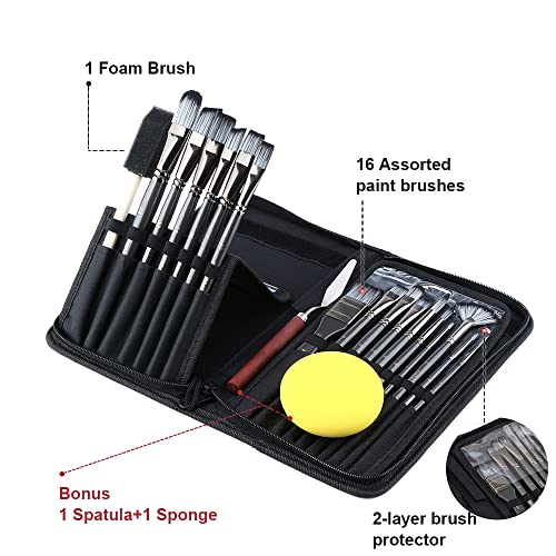 Transon Art Paint Brush Kit 16 Paint Brushes With Foam Brush Sponge Spatula And Brush Case For Oil, Acrylic, Watercolor, Gouache, Painting Dark Grey #TOP1
