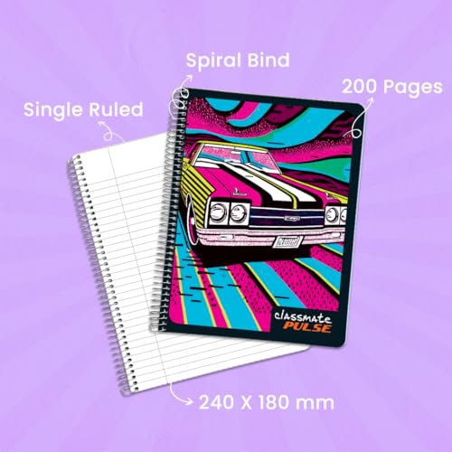 Classmate Pulse Single Subject Spiral Notebook-Pack Of 1|Single Line|200 Pages|24.0Cm X 18.0Cm|Attractive Cover Designs|Soft Cover|Notebooks For College Students(Cover May Vary As Per Availability) (Image - 2)