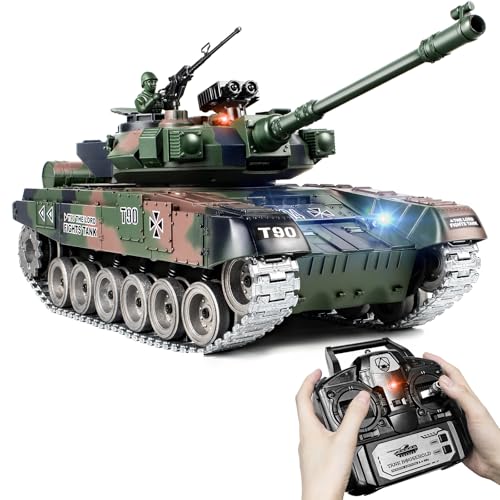 Supdex Tanque RC T 90 de aleación de metal 1:18, modelo de juguetes del ejército con humo, sonido y luces, vehículo RC que dispara bombas de agua y BBS