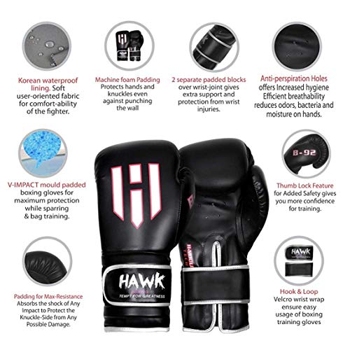 Hawk Boxing Gloves For Men & Women Training Pro Punching Heavy Bag Mitts Mma Muay Thai Sparring Kickboxing Gloves (Black, 16 Oz) #TOP1