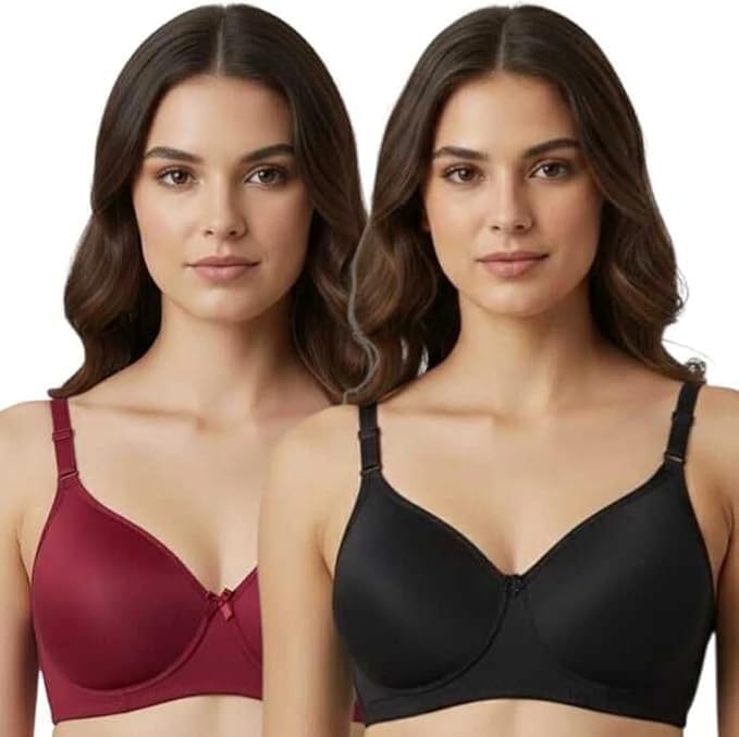 Image of Women's Cotton Blend Lightly Padded Full Coverage Wirefree T-Shirt Bra Combo Pack of 2