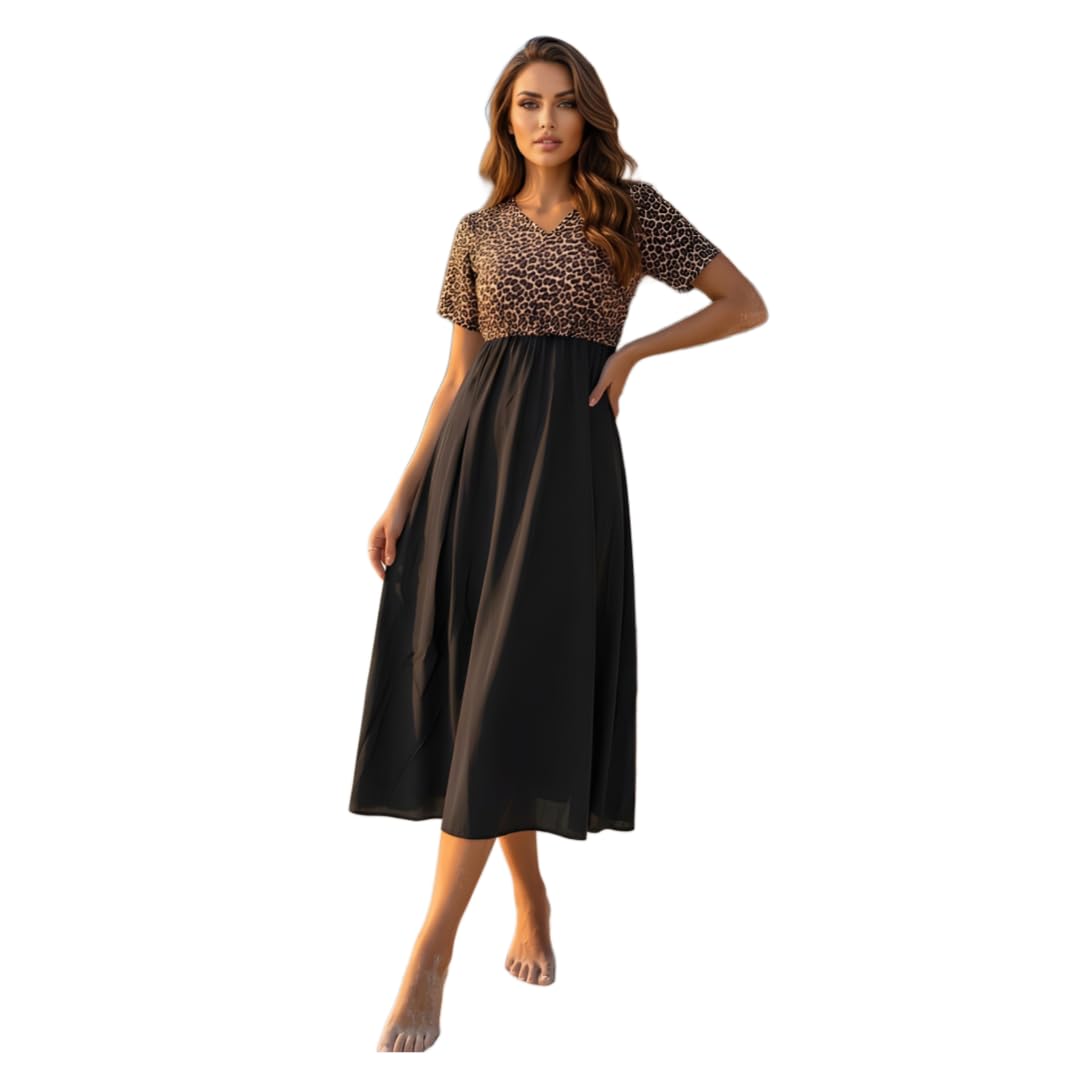 Women's Crepe Animal Printed Fancy Flared Dress | Black V-Neck Short Sleeve Calf Length Western Outfit for Girls-image-28