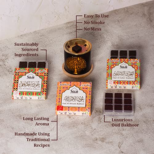 Oud Al Khaleeji, Oud Al Saher, Oud Al Ibtisam Bakhoor عود بخور By Dukhni - (3 Trays X 9 Piece Each) & Tree Of Life Exotic Burner مبخرشمعدان | Perfect For Prayer & Meditation. Great Gift #TOP2