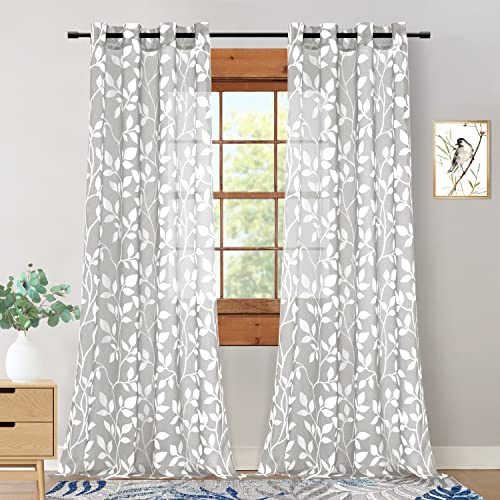 XTMYI Light Grey Floral Pattern Curtains, Botanical Printed Sheer Panel for Bedroom Living Room
