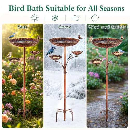 Image of Metal Bird Bath for Outside, Triple Birdbath Feeder Bowl for Outdoor | 11.8in Top+5.5in Side Bowls,Metal With Powder Coat,4-Claw Ground Stake,Tool-Free Assembly;For Garden,Patio,Yard