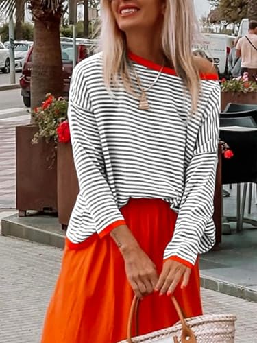 Image of Wowcarbazole Women's Pullover Sweaters Striped Long Sleeve Crew Neck Color Block Sweater Tops Casual Loose Knit Shirts