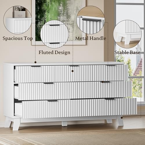 Image of BORNOON 57 inch Long Dresser for Bedroom, 7-Drawer Fluted Chest, Wide Wood Storage Dresser with Metal Slides and Handles, Stable Base, Modern Clothes Organizer for Primary Suite, Guest Room, Nursery