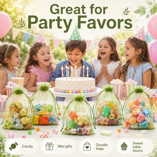 Image of Hopttreely 50PCS Olive Green Organza Bags 4x6 Inch, Multi-Purpose Mesh Drawstring Gift & Fruit Protection Bags for Wedding Favors, Jewelry, Christmas, Sachet, Easter, St. Patrick's Day, Party Supplies, Garden Plant Netting