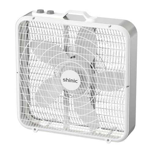 Image of shinic 20 inch Box Fan with Thermostat, 3-Speed Metal Frame Window Box Fan with Carry Handle & Non-Slip Feet, Auto Temperature Control Cooling Fan for Bedroom, Garage, Home Office, Basement
