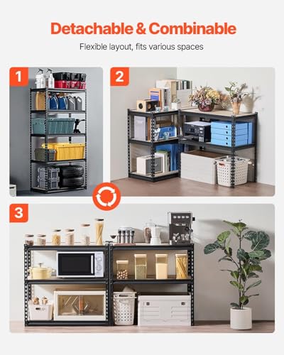 Image of Heavy Duty Metal Rack with Wooden Shelves (Adjustable), 30KG /Shelf, Boltless Storage Organizer, Multipurpose Display Shelves for Kitchen, Garage, Warehouse Black-5 Layers