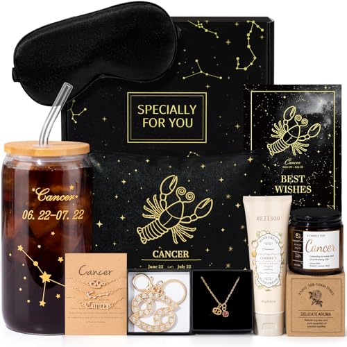 14PCS Cancer Birthday Gifts for Women, Cancer Zodiac Gifts for Women Baskets, Get Well Gifts for Best Friend Sister, Can Astrological 16 oz Glass Cups Candle with Zodiac Gift Set Box