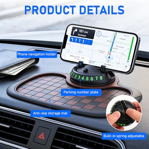 Multifunctional Car Anti-Slip Mat,Car Dashboard Mat,360° Rotatable Phone Holder Dashboard Pad with Temporary Parking Number,Car Anti Slip Mat Phone Holder,Anti Slip Mat for Car Dashboard(Black)