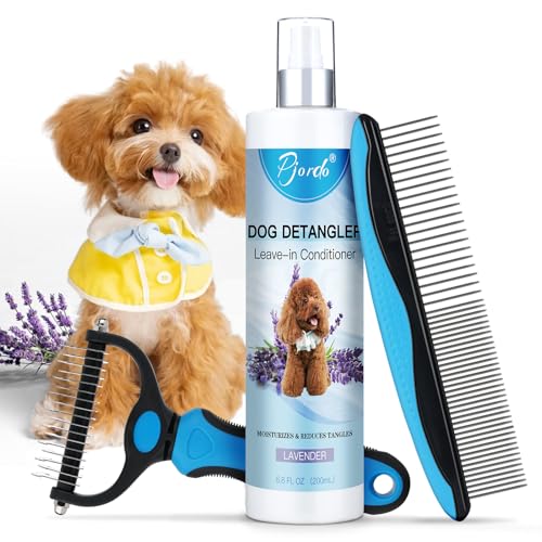 Pjordo Dog Detangler Spray Natural Dog Leave in Conditioner Spray with Deshedding Brush and Metal Comb for Grooming and Mat Removal Lavender Scent for Dogs