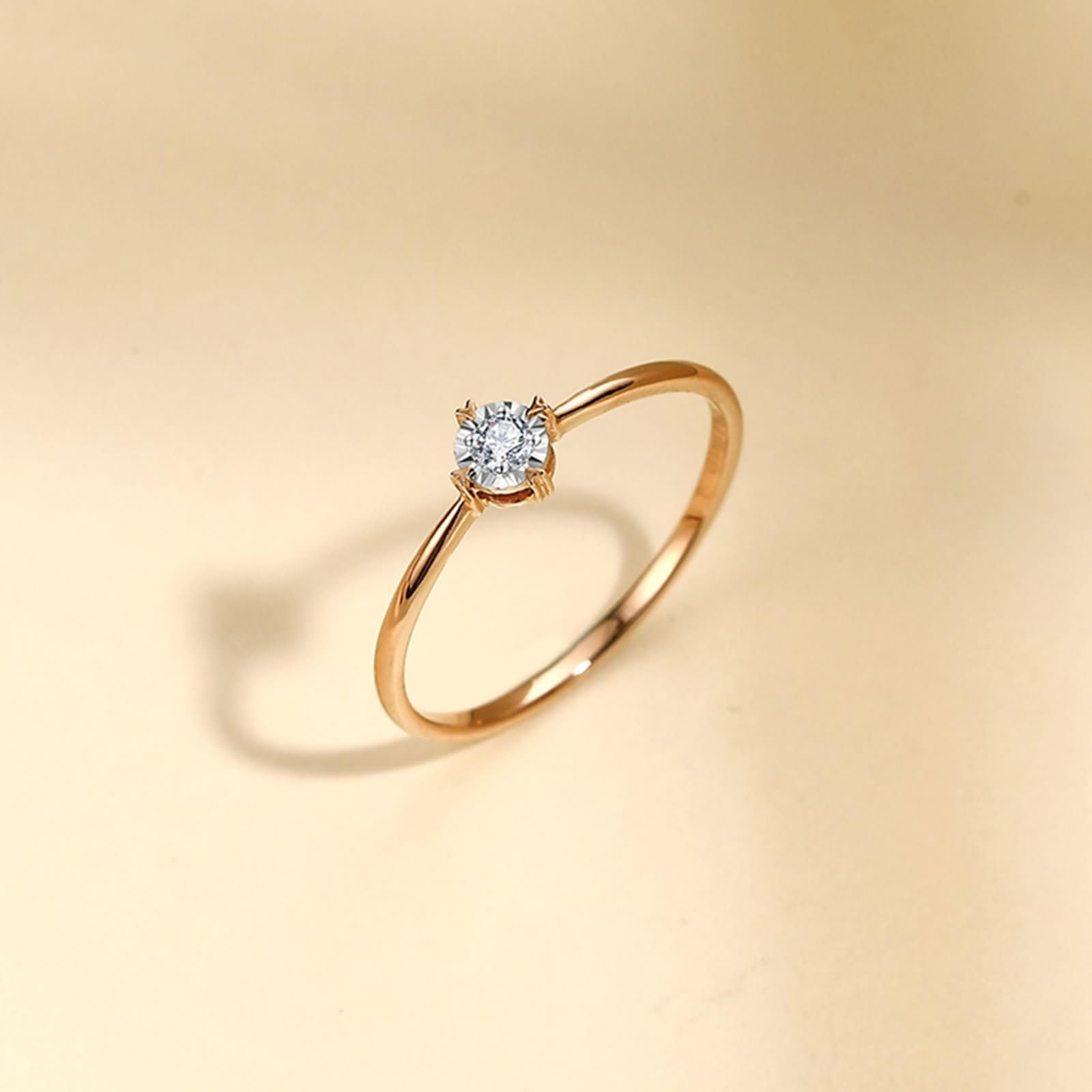 Anillo Boda de Oro Blanco 9 Kilates / 14 Kilates / 18 Kilates Mujer, Simple 4 Garras Redondo Solitario con Diamante de 0,05 ct, Anillos Mujer Alianza Plata