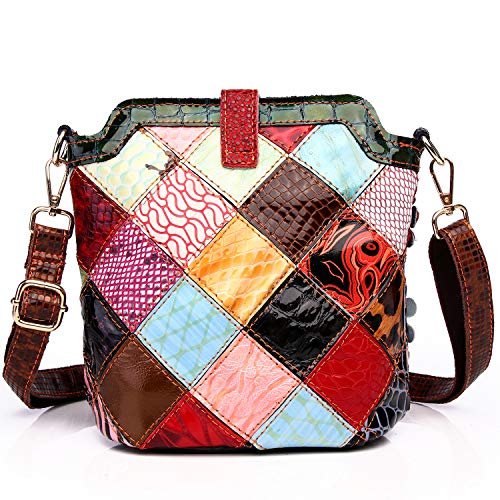 Image of Women 3D Floral Multicolor Small Crossbody Bag Genuine Leather Handbag Snake Pattern Colorful Spliced Shoulder Purse