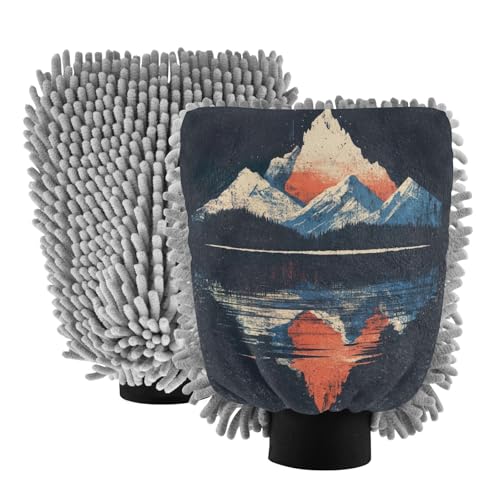 STAYTOP Sunset Reflection Car Wash Mitt Microfiber, 2Pcs Scratch Free Lint-Free, Premium Chenille Microfiber Mitt Car Wash Brush-L