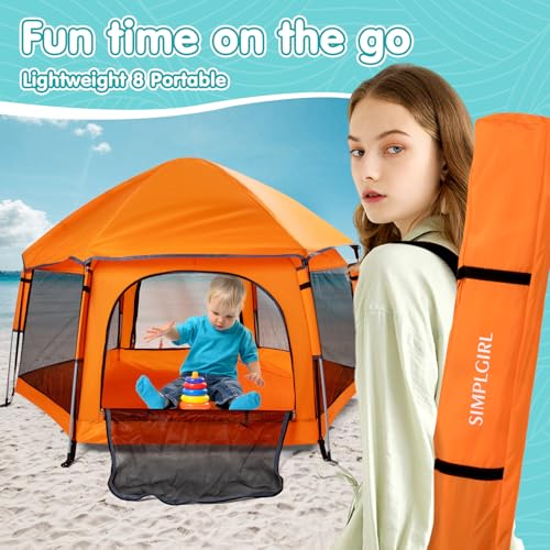 Image of Premium Indoor and Outdoor Baby Playpen - Portable, Lightweight, Pop Up Pack and P Lay Toddler P Lay Yard w /Canopy and Travel Bag - Orange