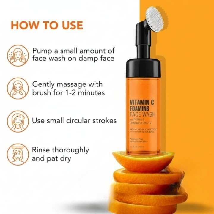 Vitamin C Foaming Face Wash with Papaya & Orange Extracts | Built-In Silicone Brush for Deep Cleansing & Glowing Skin | Paraben & Sulphate Free | For Women & Men | 150ml