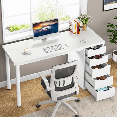 Image of Tribesigns Computer Desk with 5 Drawers, 47 inches Rustic Brown Home Office Desk with Storage, Modern Simple Laptop Desk Study Writing Table for Small Spaces (1, White)