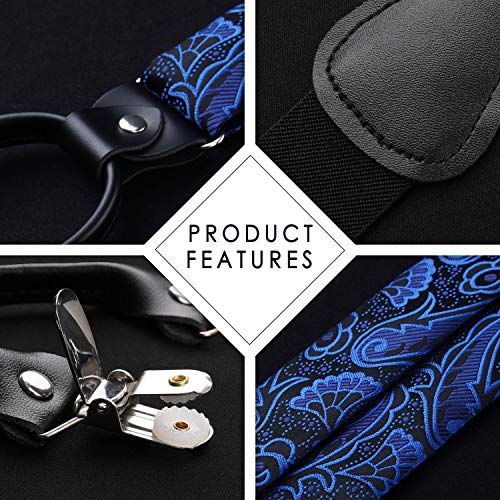 Image of HISDERN Suspenders for Men Paisley Floral Bow tie Suspender Pocket Square Sets Adjustable Y Shape 6 Clips Wedding Braces