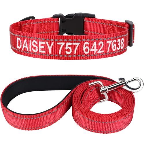 TagME Set di Collare e Guinzaglio per Cani Personalizzati, Collare per Cani Ricamato, Guinzaglio per Cane Riflettente su Due Lati da 150 CM, Adatto per Cuccioli, Rosso