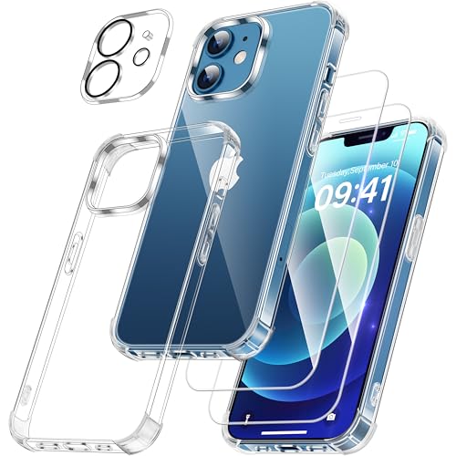 FLLAO 4 en 1 Coque pour iPhone 12 avec 2 Verre Trempé et 1 Caméra Protecteur, [Coussin d'air Intégré] Antichoc Antirayures Bumper Protection Housse pour...