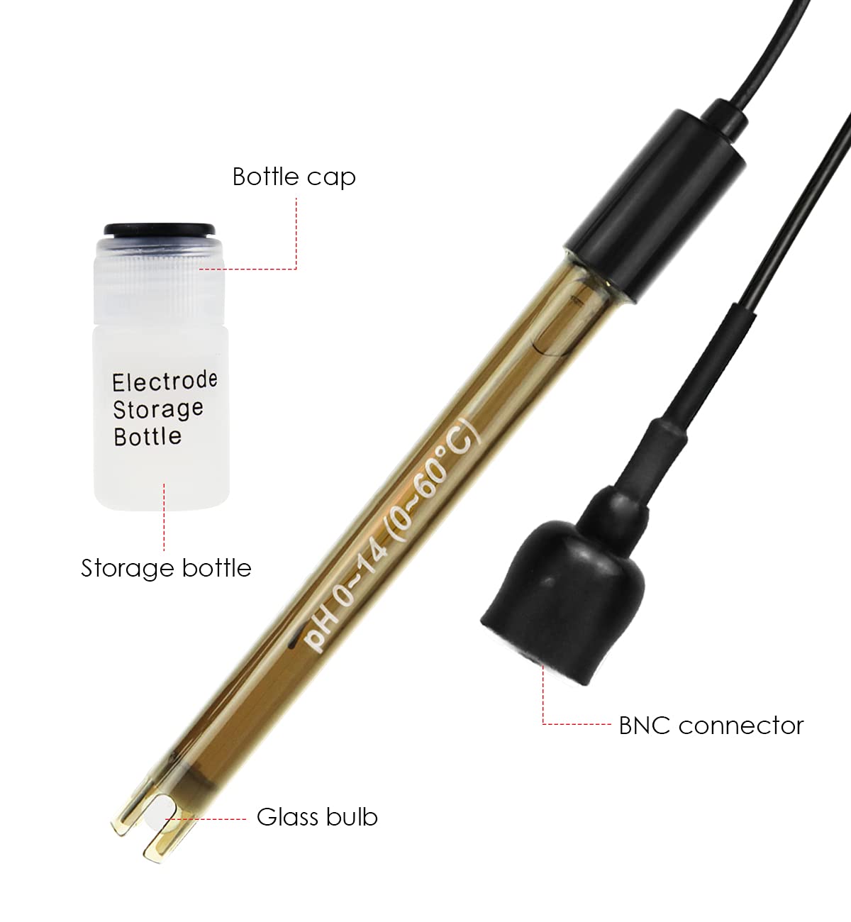 Hoge nauwkeurigheid pH-elektrode met kalibratiepoeder, 0-14 pH-sonde met BNC-connector en 300 cm kabel voor breed gebruik