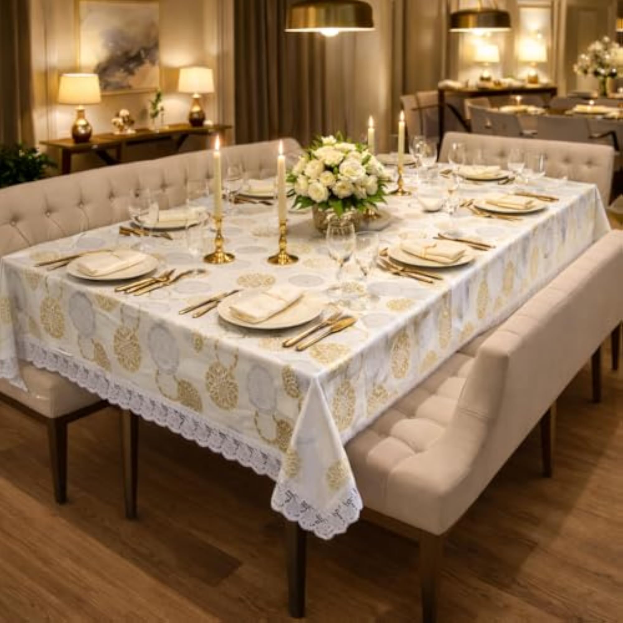 LION'S Rectangular Anti-Slip PVC Solid Plain White Lace Table Cover, 40x60 Inch