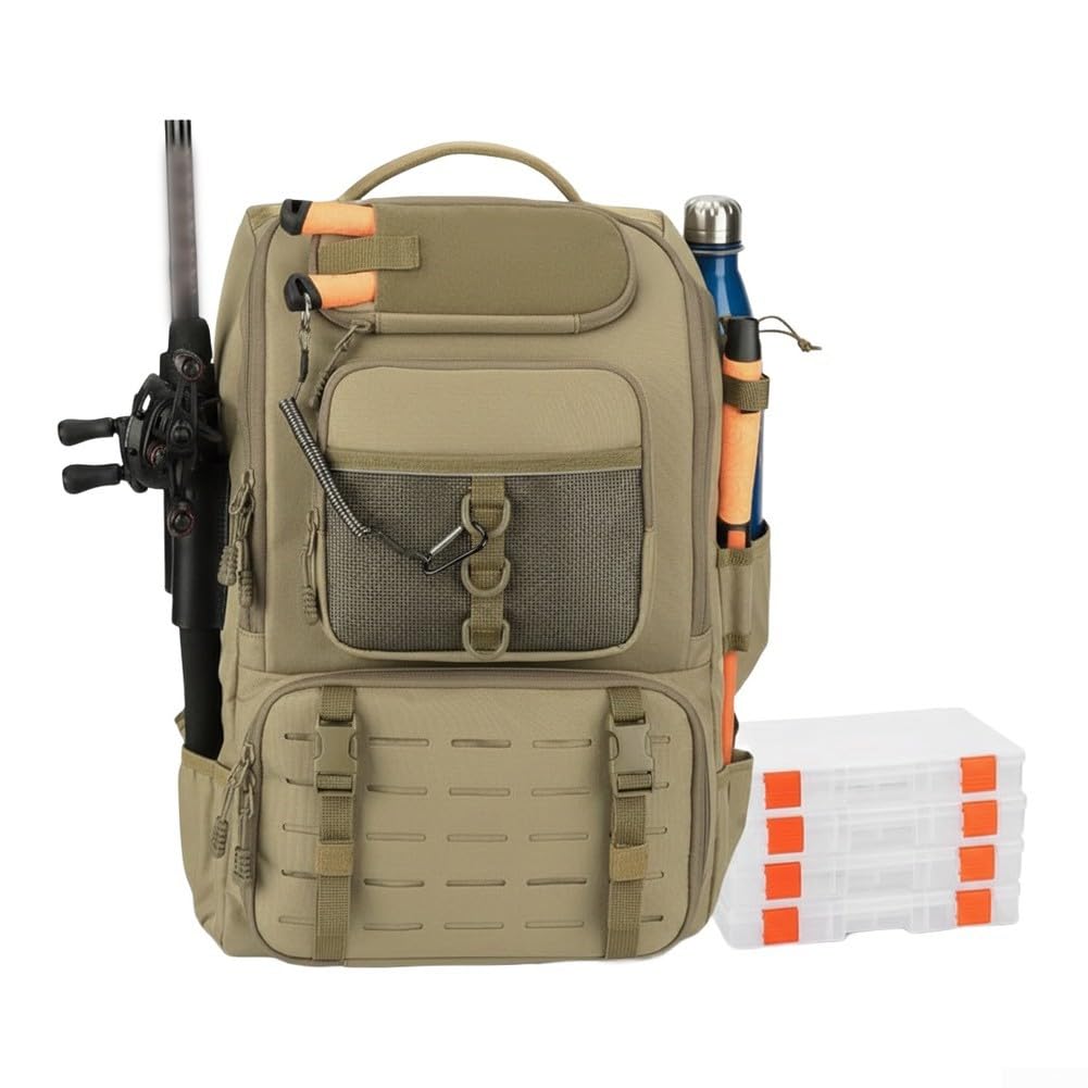 Drawup Zaino da pesca da 40 l con supporto per canna, impermeabile, per pesca al mare e alla carpa, nero, Marrone, L, Tattico