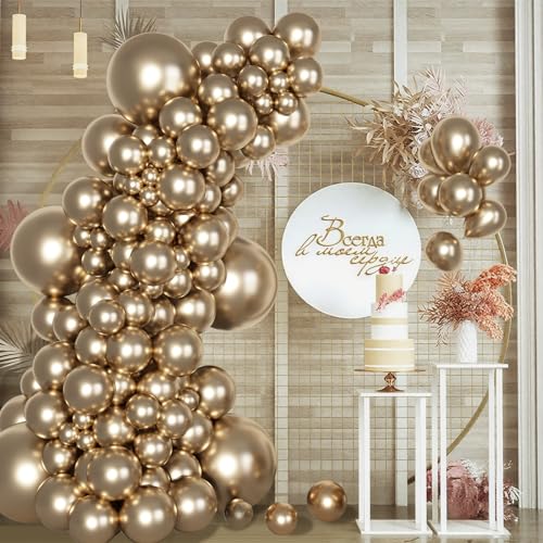 Image of Ouddy Party 129Pcs Chrome Gold Balloons Arch Garland Kit in 18 12 10 5 Inch | Different Sizes 6Pcs 18 inchChampagne Metallic Golden Balloons for Birthday Wedding Anniversary Baby Shower Party Decorations