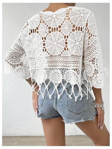 MakeMeChic Women's Crew Neck Crochet Swimsuit Cover Up 3/4 Sleeve Scallop Trim Beach Coverup3
