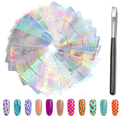 VEGCOO Pochoirs Ongle Nail Art, Pochoirs en Vinyle, 144 pièces 24 Sheets Pochoirs avec une Brosse à ongles, Différents Styles Stencil Ongles Nail Art Stickers pour Nail Art Design/Décorations