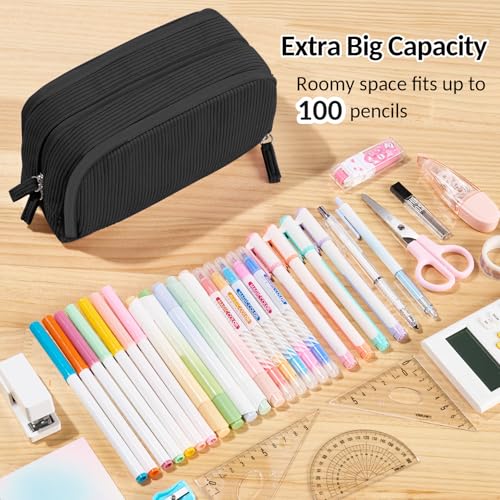 Image of Sooez Big Capacity Pencil Case Pen Pouch, Soft Corduroy Pencil Bag with 3 Compartment, Multiple Pockets, Sturdy Zipper, Cute School Supplies Pen Bag Organizer For Teen Girls College, Black
