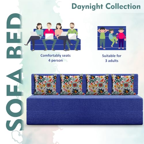 Image of Los Angeles Foldable Four Seater Sofa Cum Bed, Sofa Bed 6 X 6 Feet Jute Fabric Washable Cover- Including Cushion Perfect for Living Room - Blue