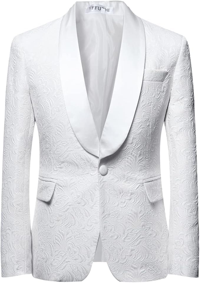 Men's 2 Piece Jacquard Suits Tuxedo 1 Button Shawl Collar Party Dinner Wedding Suit White Large2