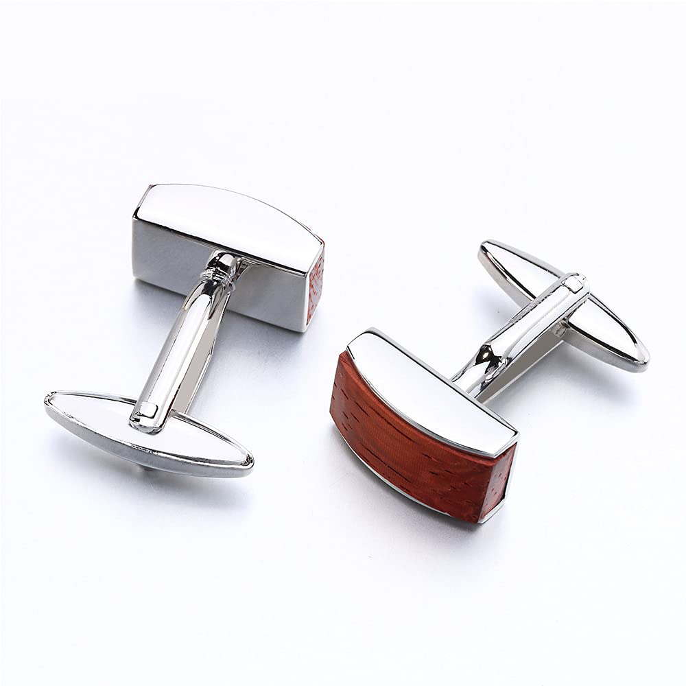 Rockyu Men's Stylish Red Wooden and Silver Square Cufflinks Stainless Steel French Style Business Accessories