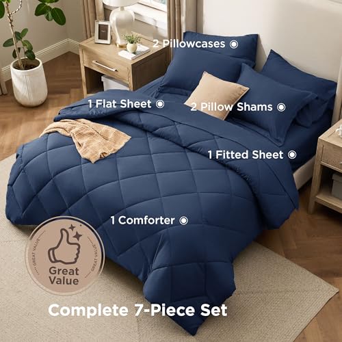 Image of Bedsure 7 Pieces Queen Comforter Set Premium Series, Hotel Luxury Soft Bed in a Bag, Goose Down Alternative, Safe for Sensitive Skin Bedding Comforter All Season Medium Warmth, Navy Blue Queen Size