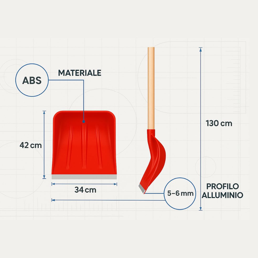 Pala Neve in ABS con Profilo Rinforzato in Alluminio – Manico in Legno 135 cm Made in Italy – Lama 39–41 cm – Resistente Antiusura per Esterno