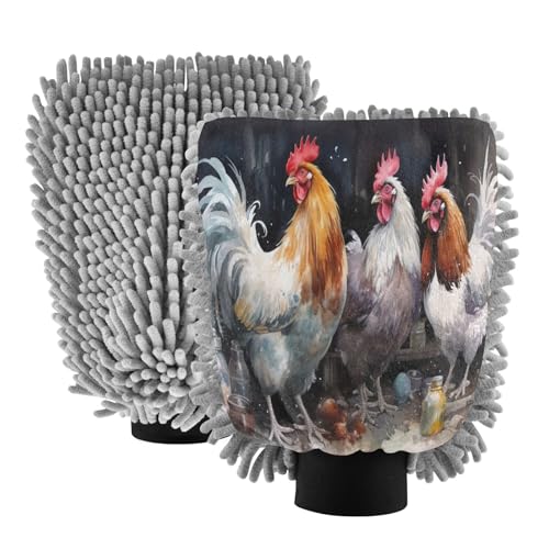 Flradish 2 Pack Vintage Rooster Car Wash Mitt Chenille Microfiber Lint-Free Scratch Free Ultra-Soft Absorbent Car Wash Mitt 11.8x8.07 Inch