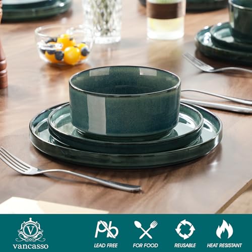 Image of vancasso Plates and Bowls Sets for 6, 18 Pieces Green Dinnerware Sets for Kitchen, Modern Stoneware Dishes Set, Dishwasher and Microwave Safe, Series Starry